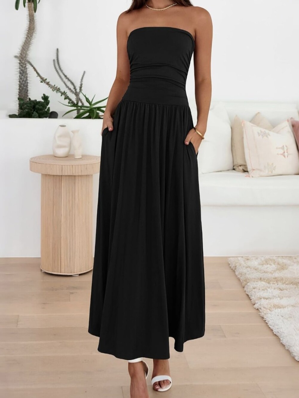 BTFBM | strapless tube ruched maxi | side pockets
